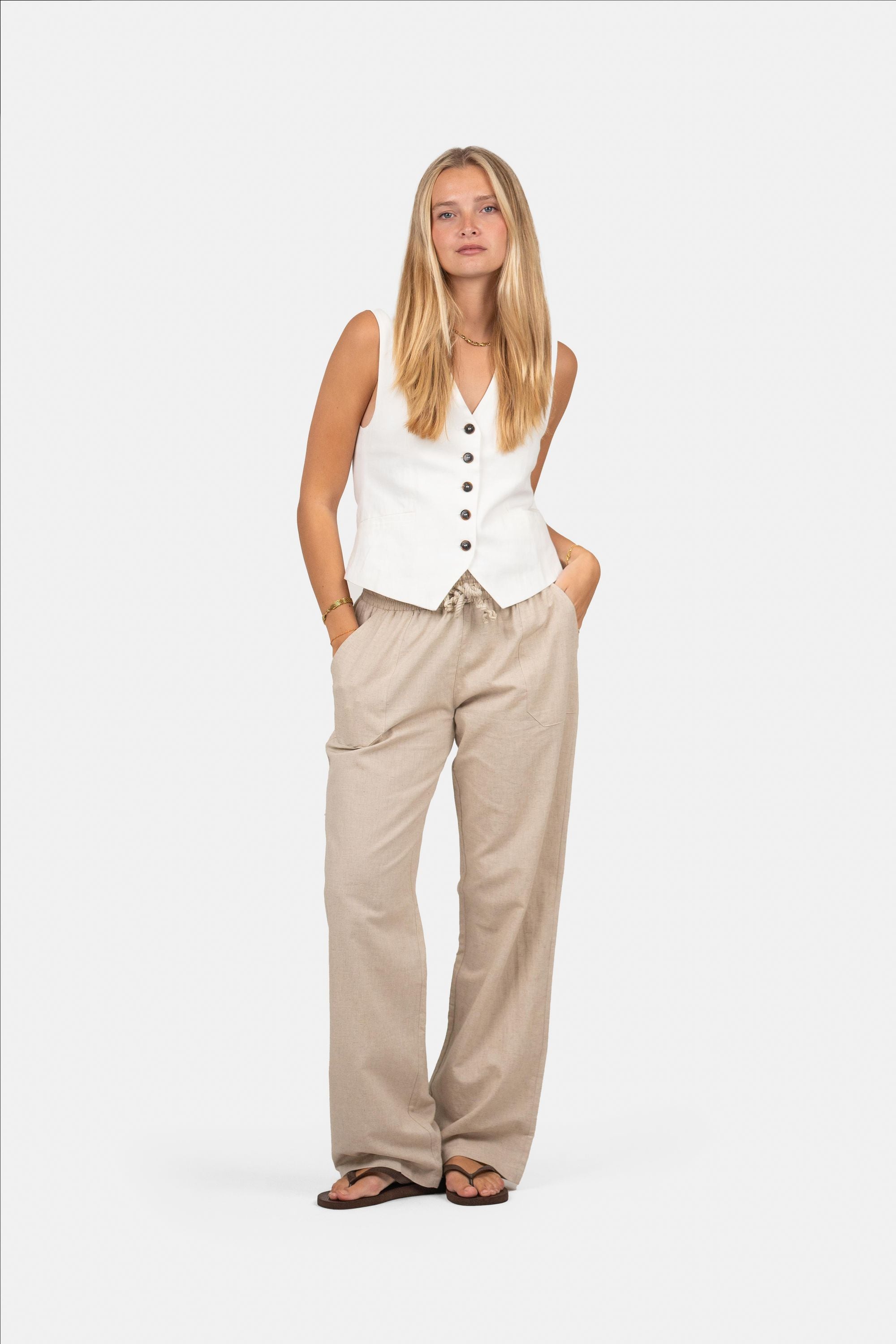 Linnen Broek Lage Taille Beige