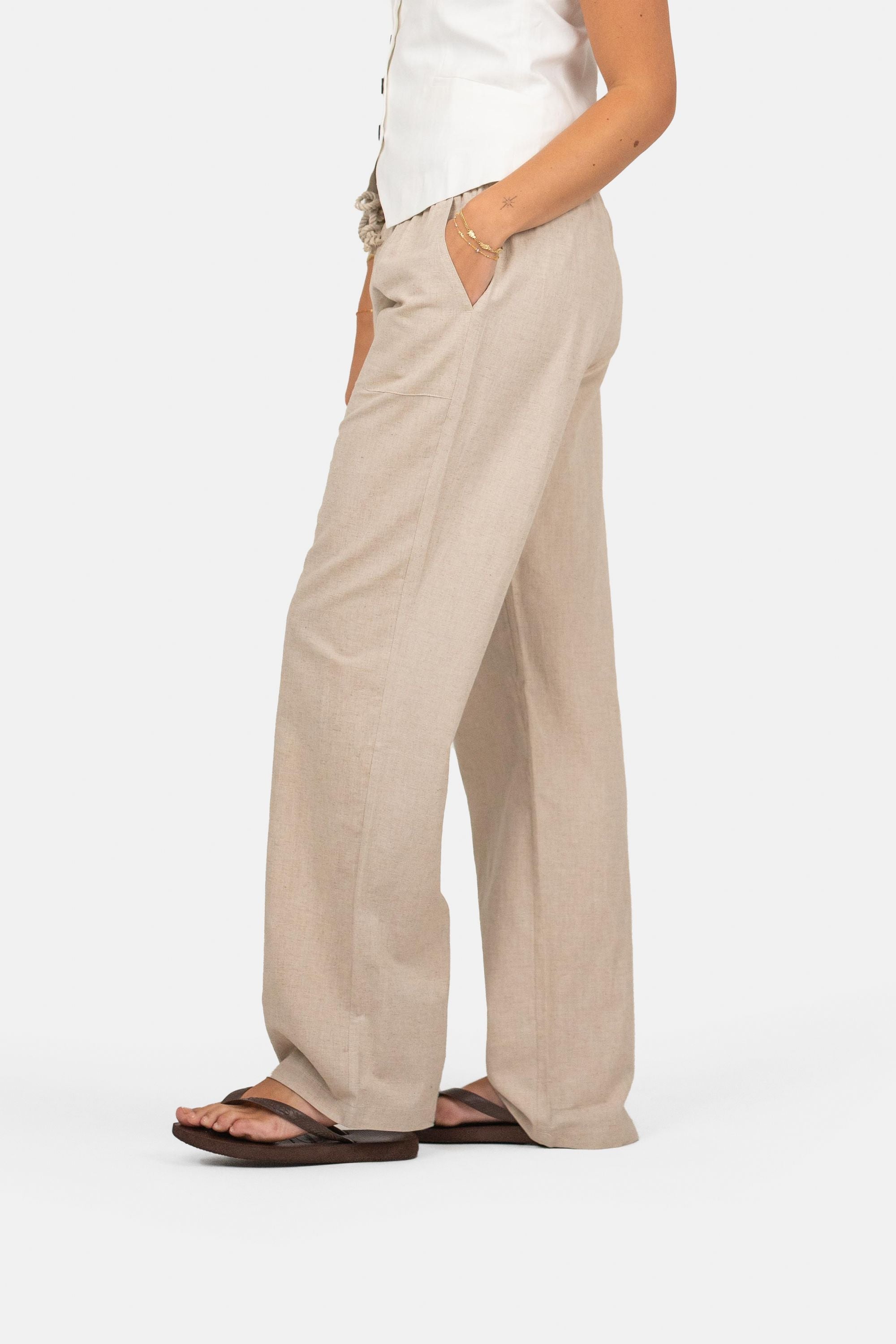 Linnen Broek Lage Taille Beige